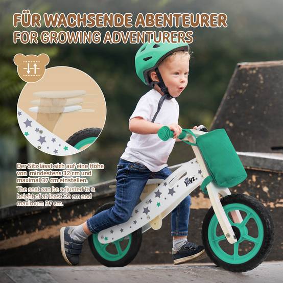 Vélo d'équilibre pour enfants 85x54 cm vert cadre en bois pneus en mousse EVA avec 2 roues et sac en tissu siège réglable convient de 2 à 5 ans - Image 4
