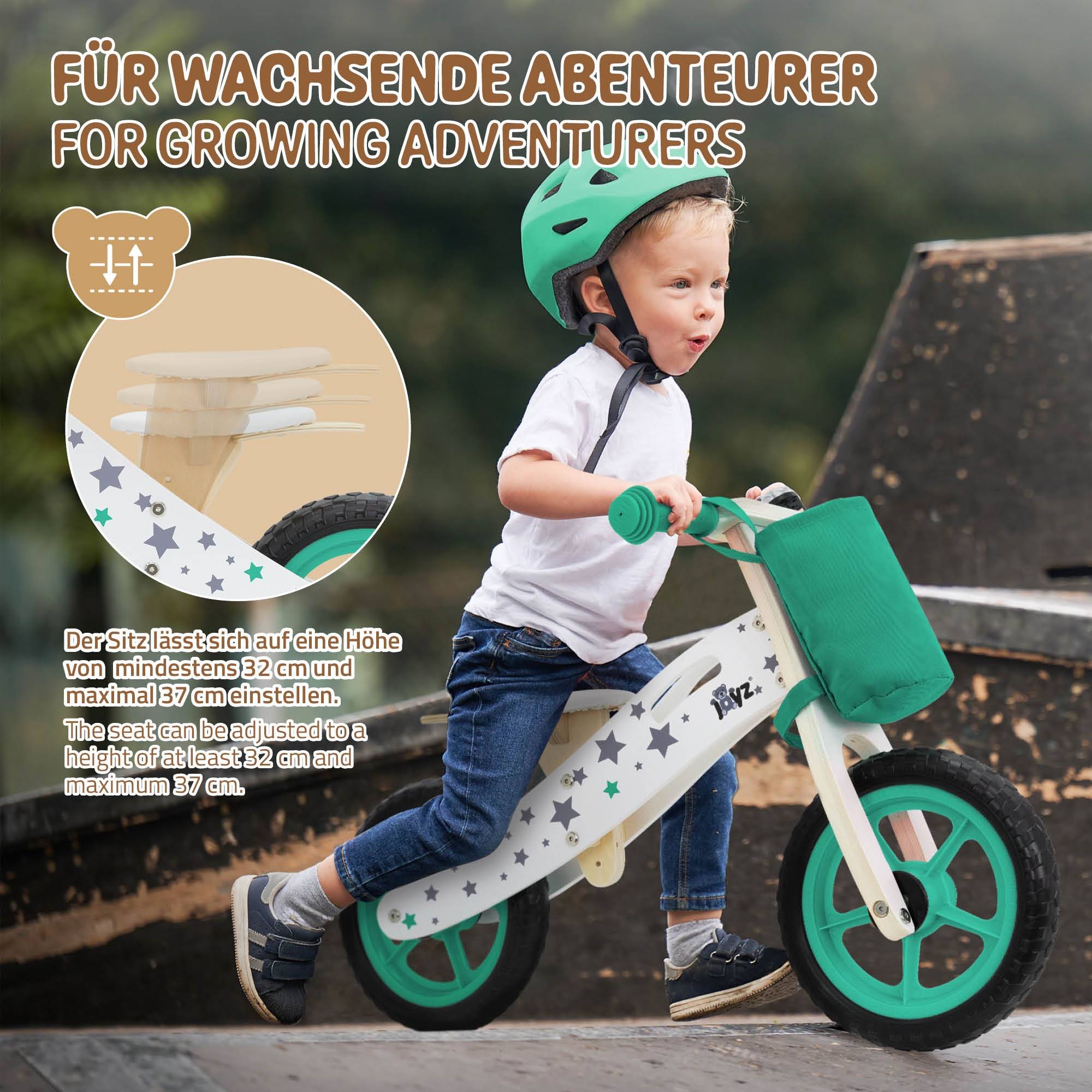 Vélo d'équilibre pour enfants 85x54 cm vert cadre en bois pneus en mousse EVA avec 2 roues et sac en tissu siège réglable convient de 2 à 5 ans - Image 4