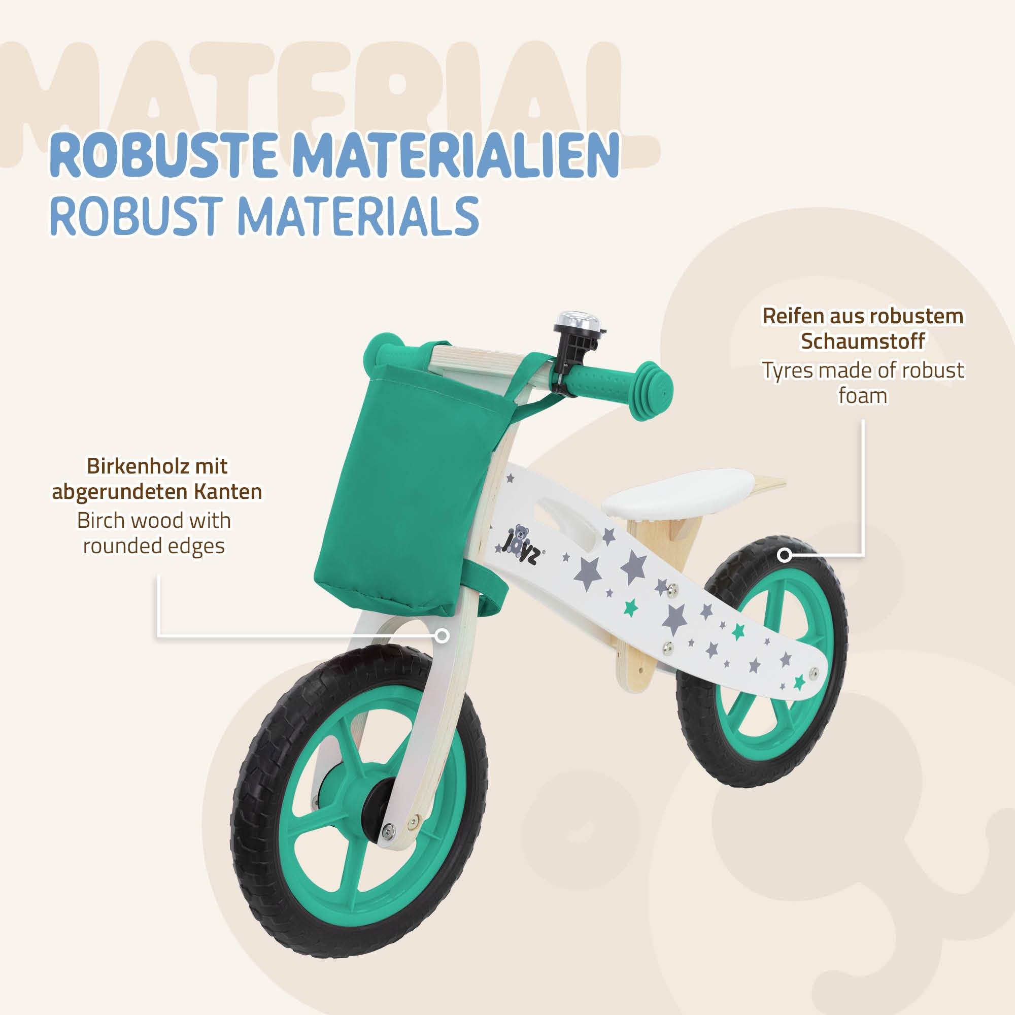 Vélo d'équilibre pour enfants 85x54 cm vert cadre en bois pneus en mousse EVA avec 2 roues et sac en tissu siège réglable convient de 2 à 5 ans - Image 5