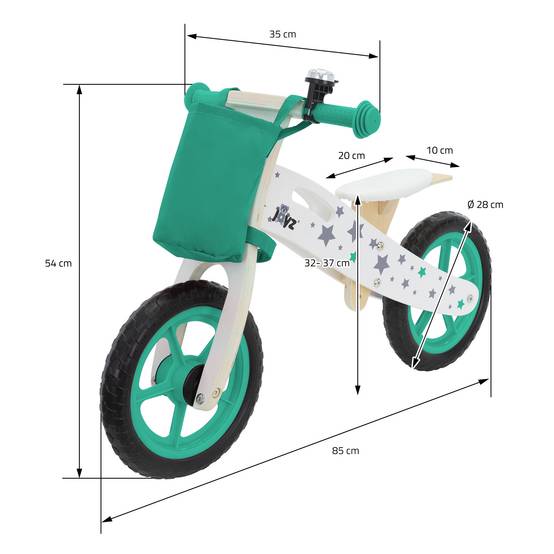 Vélo d'équilibre pour enfants 85x54 cm vert cadre en bois pneus en mousse EVA avec 2 roues et sac en tissu siège réglable convient de 2 à 5 ans - Image 6