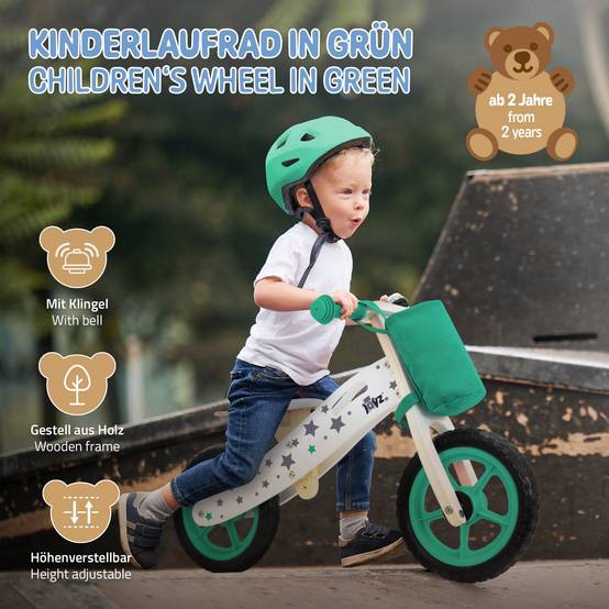 Vélo d'équilibre pour enfants 85x54 cm vert cadre en bois pneus en mousse EVA avec 2 roues et sac en tissu siège réglable convient de 2 à 5 ans - Image 2