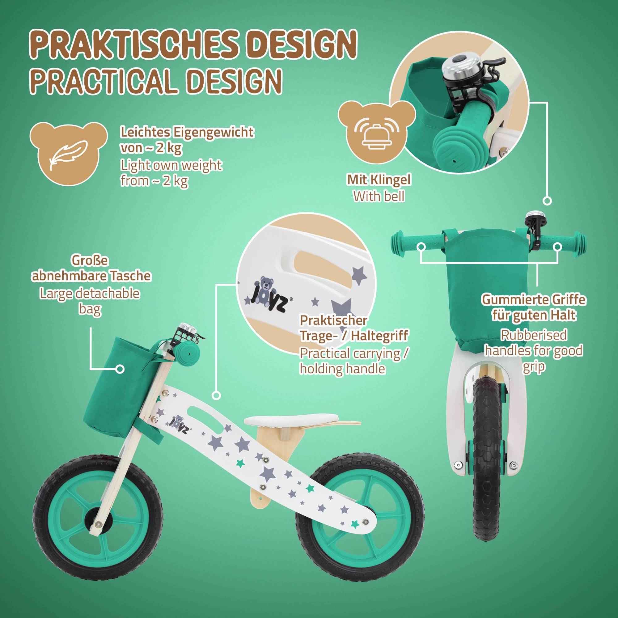 Vélo d'équilibre pour enfants 85x54 cm vert cadre en bois pneus en mousse EVA avec 2 roues et sac en tissu siège réglable convient de 2 à 5 ans - Image 3