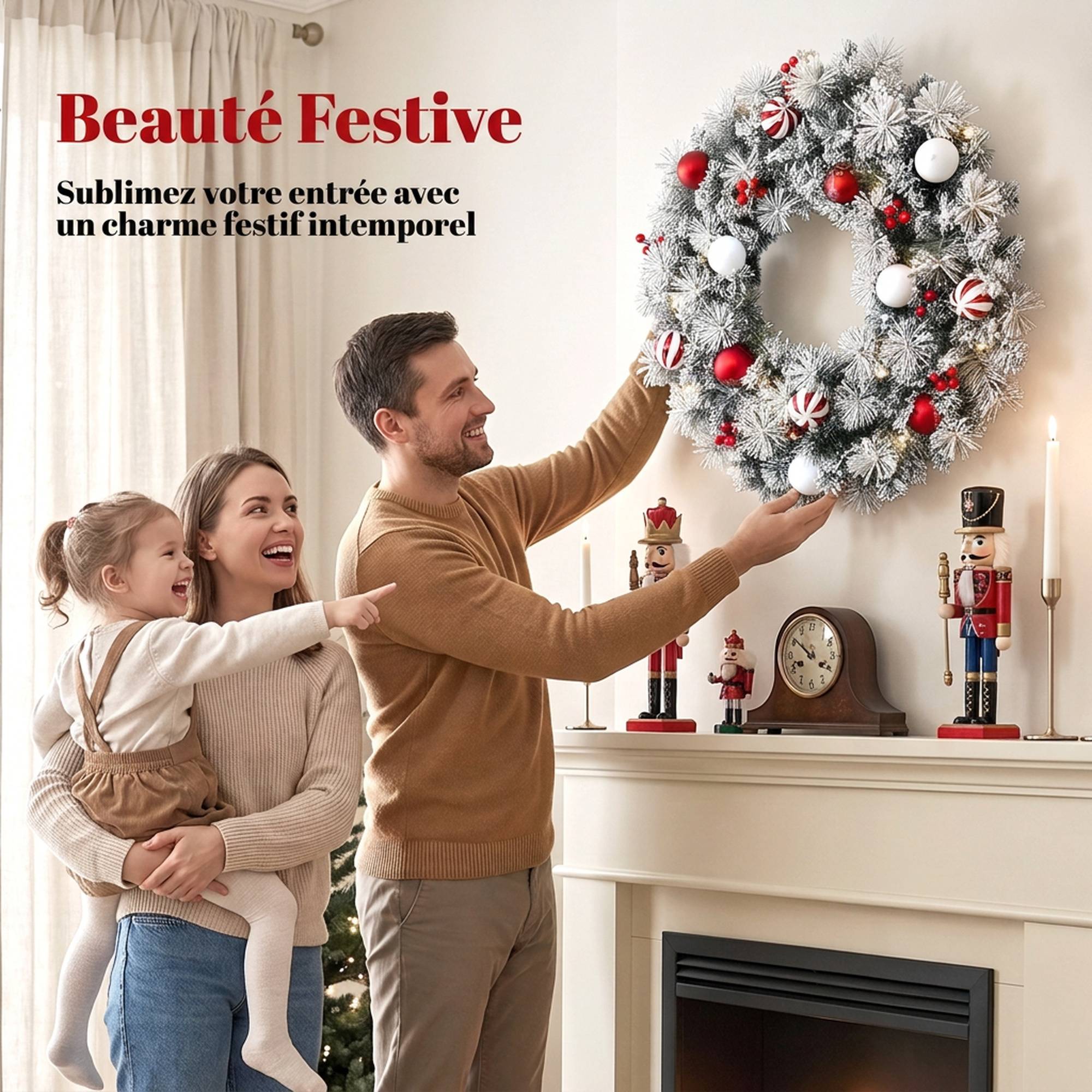 ComfortXL - Couronne de Noël lumineuse en PVC vert enneigé 60 cm avec 50 LED blanc chaud pour porte et porche abrité - Image 4