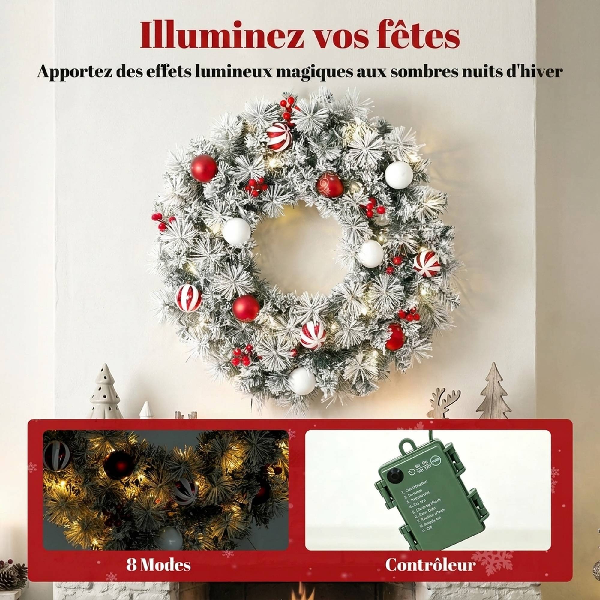 ComfortXL - Couronne de Noël lumineuse en PVC vert enneigé 60 cm avec 50 LED blanc chaud pour porte et porche abrité - Image 5
