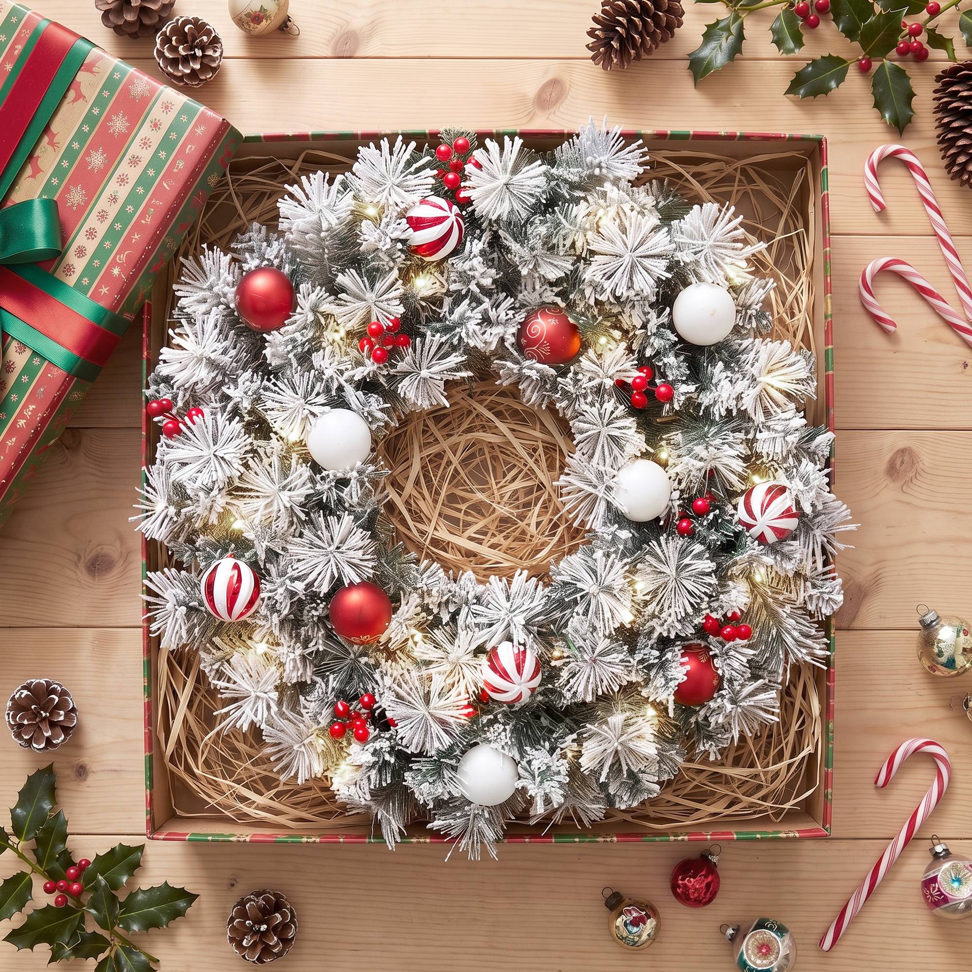 ComfortXL - Couronne de Noël lumineuse en PVC vert enneigé 60 cm avec 50 LED blanc chaud pour porte et porche abrité - Image 8