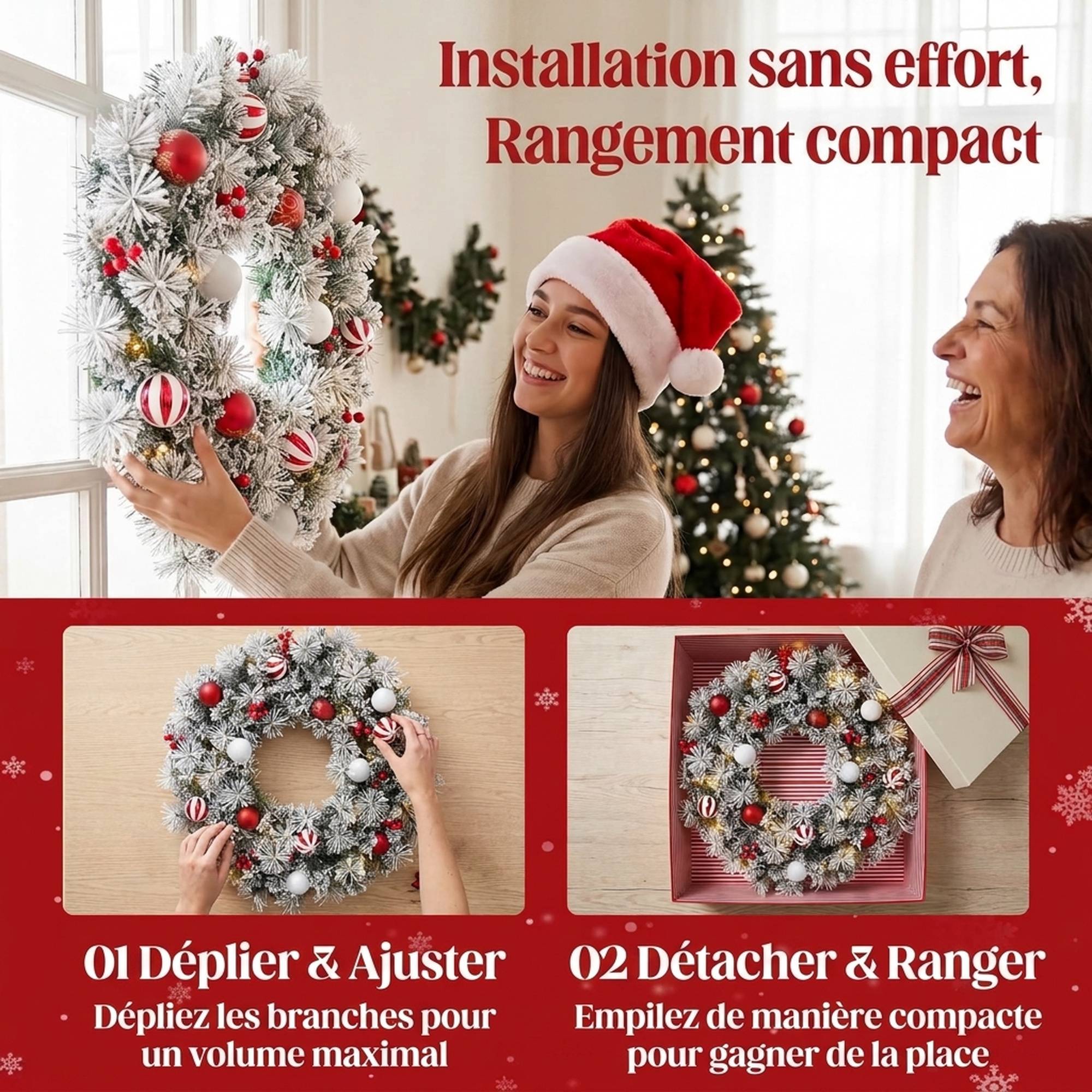 ComfortXL - Couronne de Noël lumineuse en PVC vert enneigé 60 cm avec 50 LED blanc chaud pour porte et porche abrité - Image 7