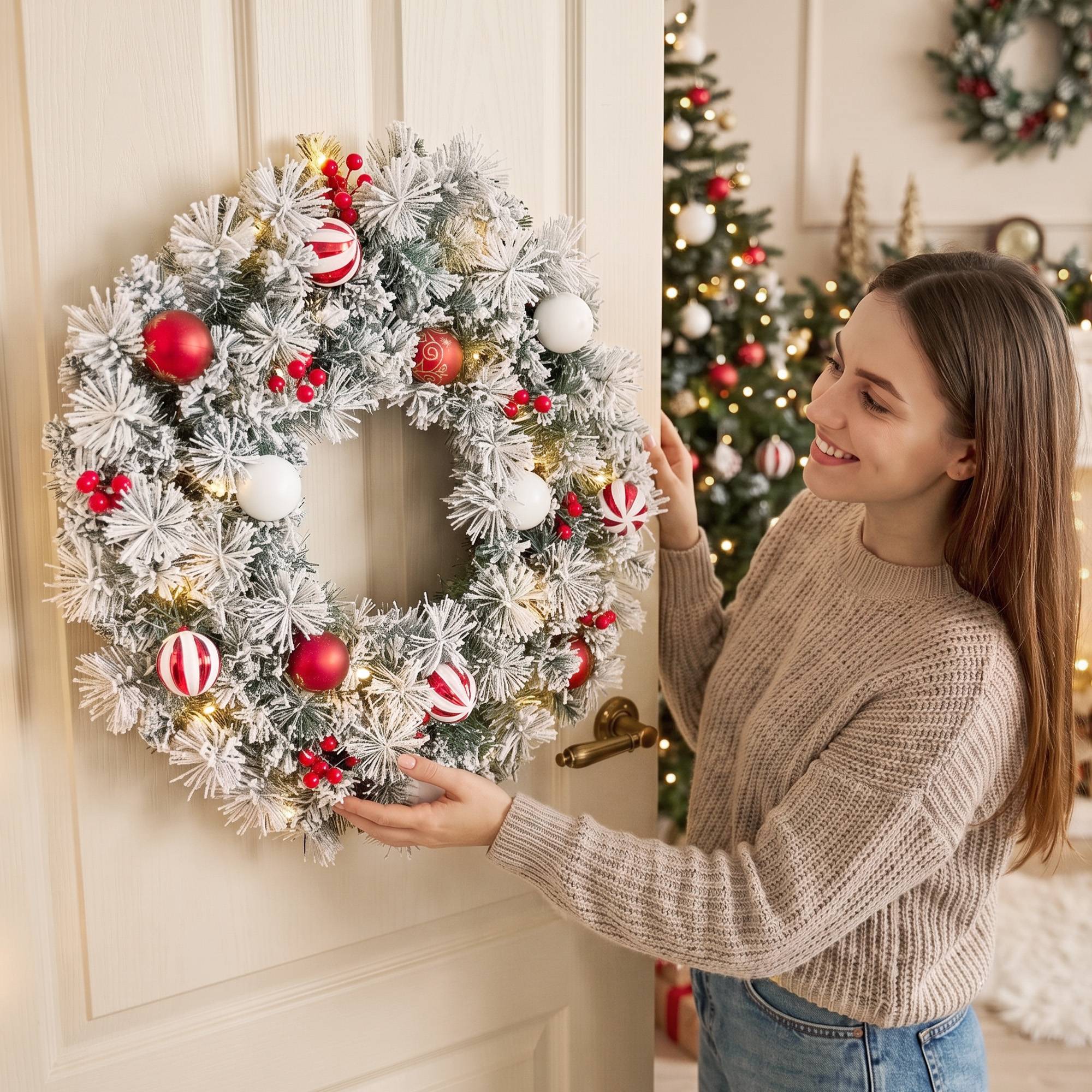 ComfortXL - Couronne de Noël lumineuse en PVC vert enneigé 60 cm avec 50 LED blanc chaud pour porte et porche abrité - Image 9