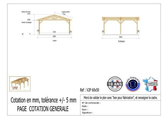 Cpbf Charpentes - Carport Charpente deux pentes 600 cm x 500 cm, bois DOUGLAS Français (Charpente en bois-auvent-abri voiture), 30 m². Garantie 10 ans - Image 2