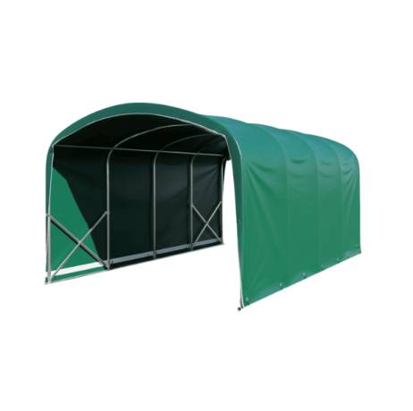 Abri tunnel largeur 3 m pieds droits pas à 1.50 m - Long 9 m, type Camion 720 gr/m² vert/blanc, Façade 1 porte simple et 1 façade - Image 1