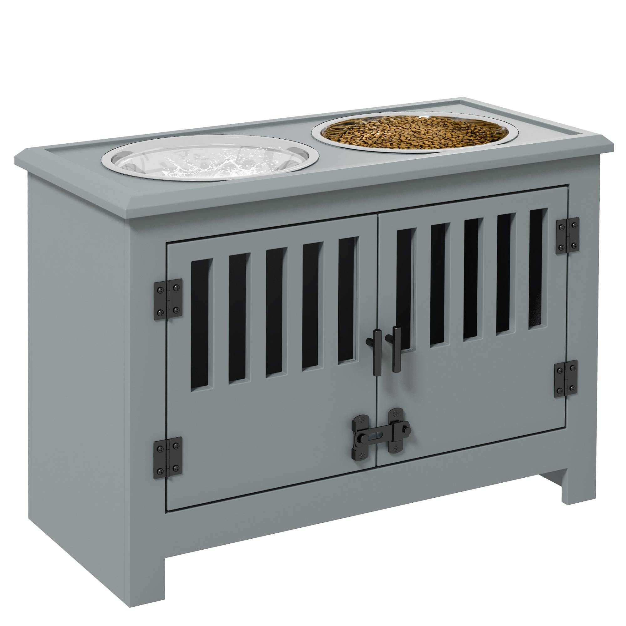Sans Marque - Station d'alimentation surélevée pour grands chiens, 2 gamelles en acier inoxydable, espace de rangement, 35,5 x 60 x 30 cm, grise - Image 1