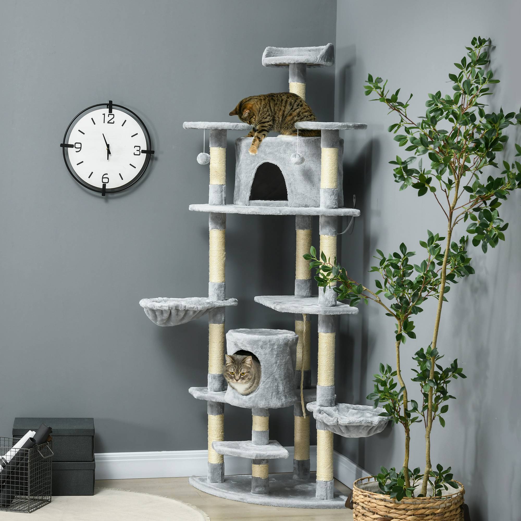 Arbre à chat XXL arbre à grimper pour chat multi-équipements griffoirs 6 plate-formes 2 niches hauteur 200 cm gris - Image 4