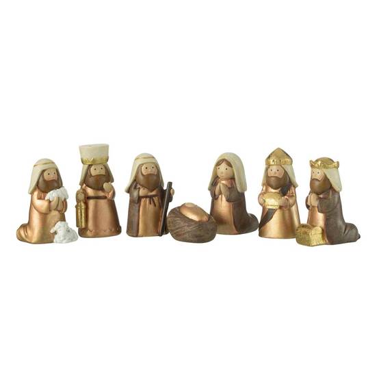 Crèche de Noël 7 Santons "Scène Nativité" 6cm Marron & Or