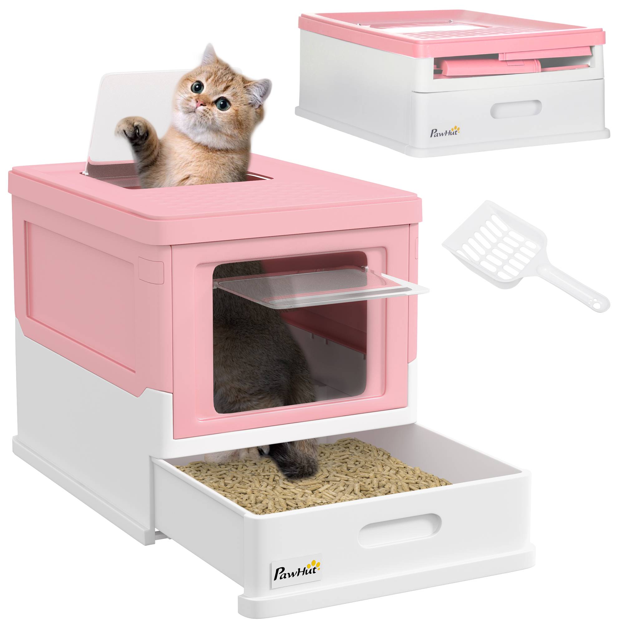 Bac à litière fermé 2 portes plateau amovible pelle chat intérieur hygiénique rose blanc 47,5 x 35,5 x 36,7 cm - Image 1