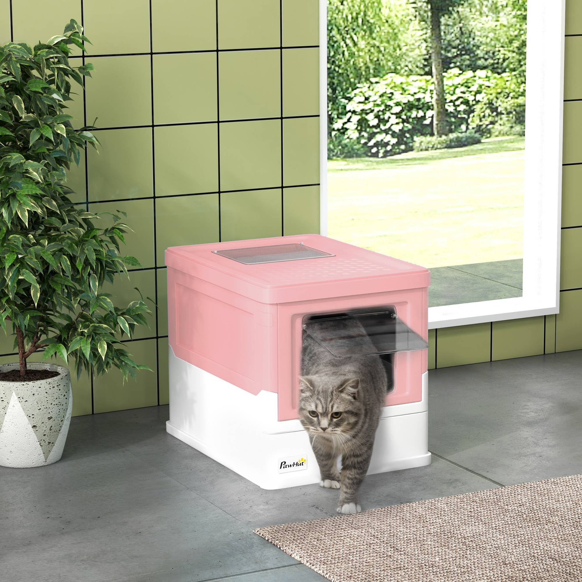 Bac à litière fermé 2 portes plateau amovible pelle chat intérieur hygiénique rose blanc 47,5 x 35,5 x 36,7 cm - Image 3