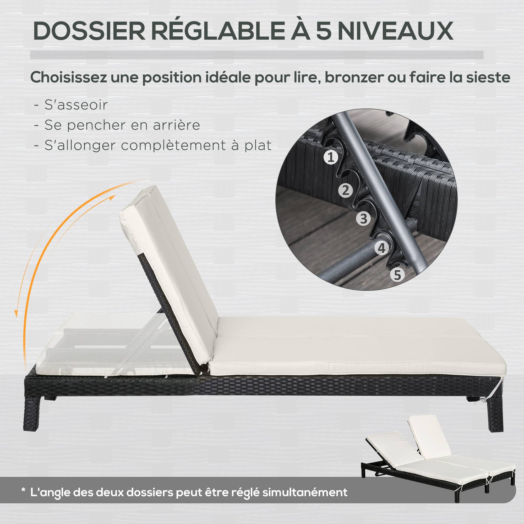 Outsunny - Bain de soleil transat 2 places - grand confort - dossier inclinable multi-positions - matelas fournis crème - résine tressée 4 fils noir - Outsunny - Image 5