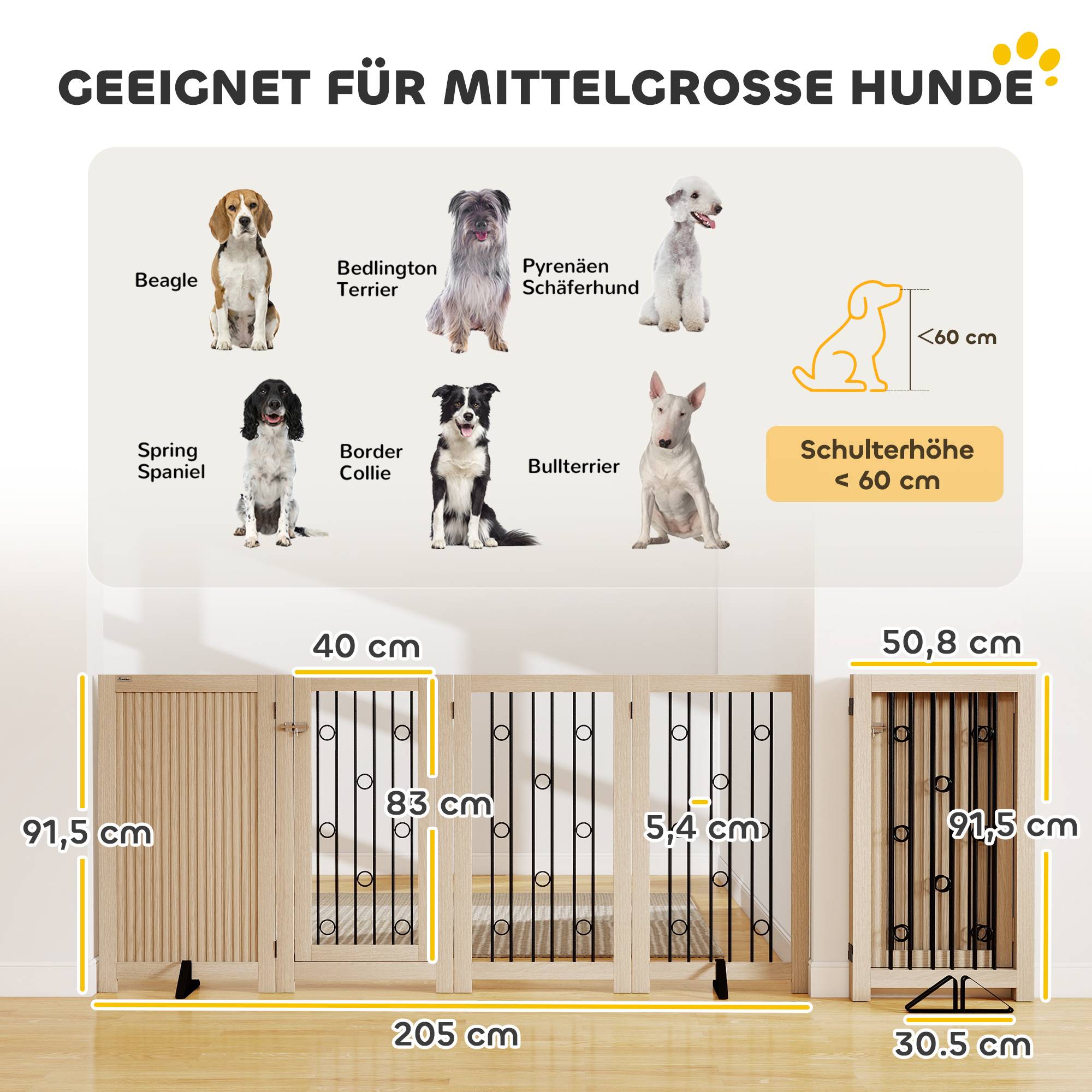 Barrière autoportante pour animal avec porte, 4 panneaux, couloir, escalier, porte, MDF, acier - Image 5