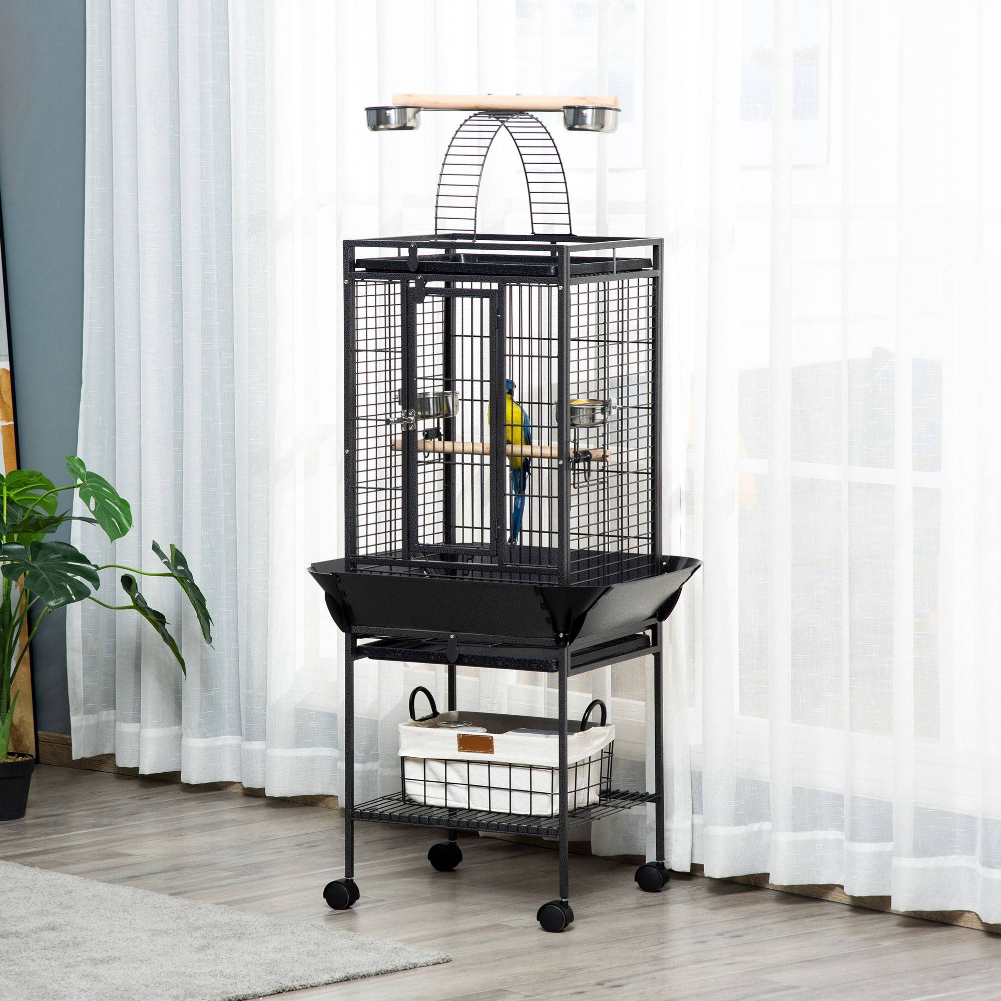 Sans Marque - Cage pour perruche avec 2 perchoirs et échelle arquée, acier, 62,5 x 62,5 x 156 cm, grise - Image 4