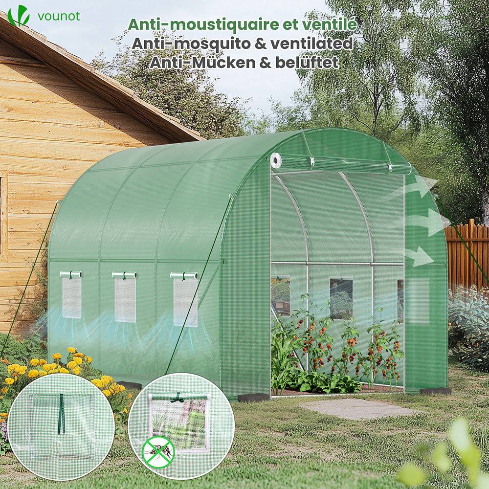 Serre de jardin tunnel 6m² en acier galvanisé - 3L x 2l x 2H m - fenêtre anti-moustiquaire, porte enroulable, barre anti-tempête - Image 4