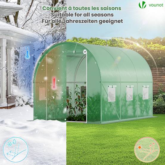 Serre de jardin tunnel 6m² en acier galvanisé - 3L x 2l x 2H m - fenêtre anti-moustiquaire, porte enroulable, barre anti-tempête - Image 3