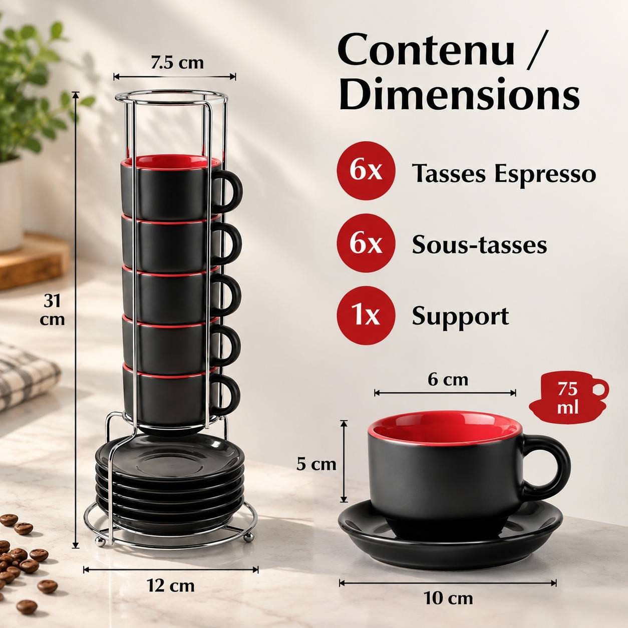 Set de 6 Tasses à Expresso avec Sous-tasses Rouge - Image 3