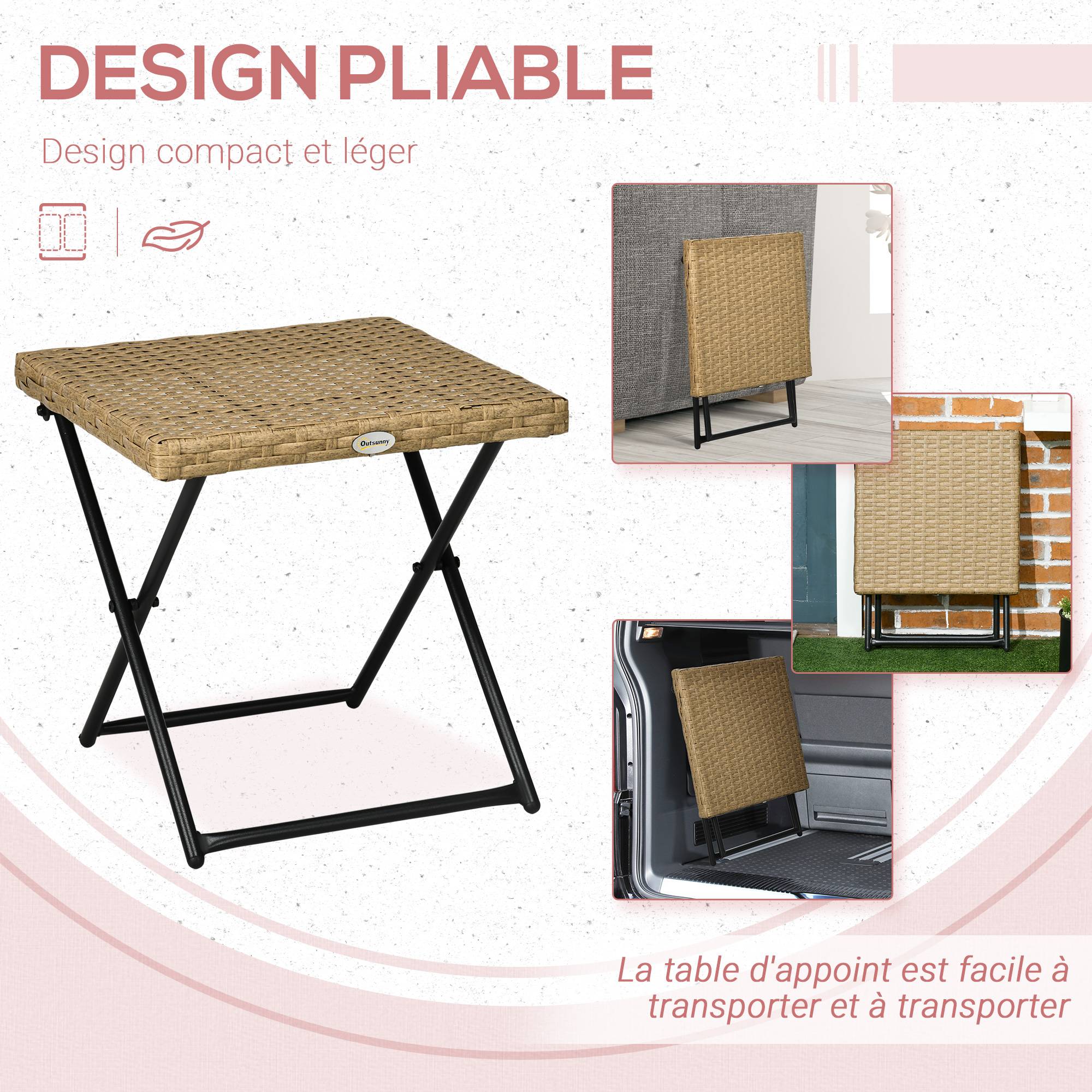 Table basse pliable de jardin style cosy chic dim. 40L x 40l x 40H cm métal époxy résine tressée bois naturel - Image 6