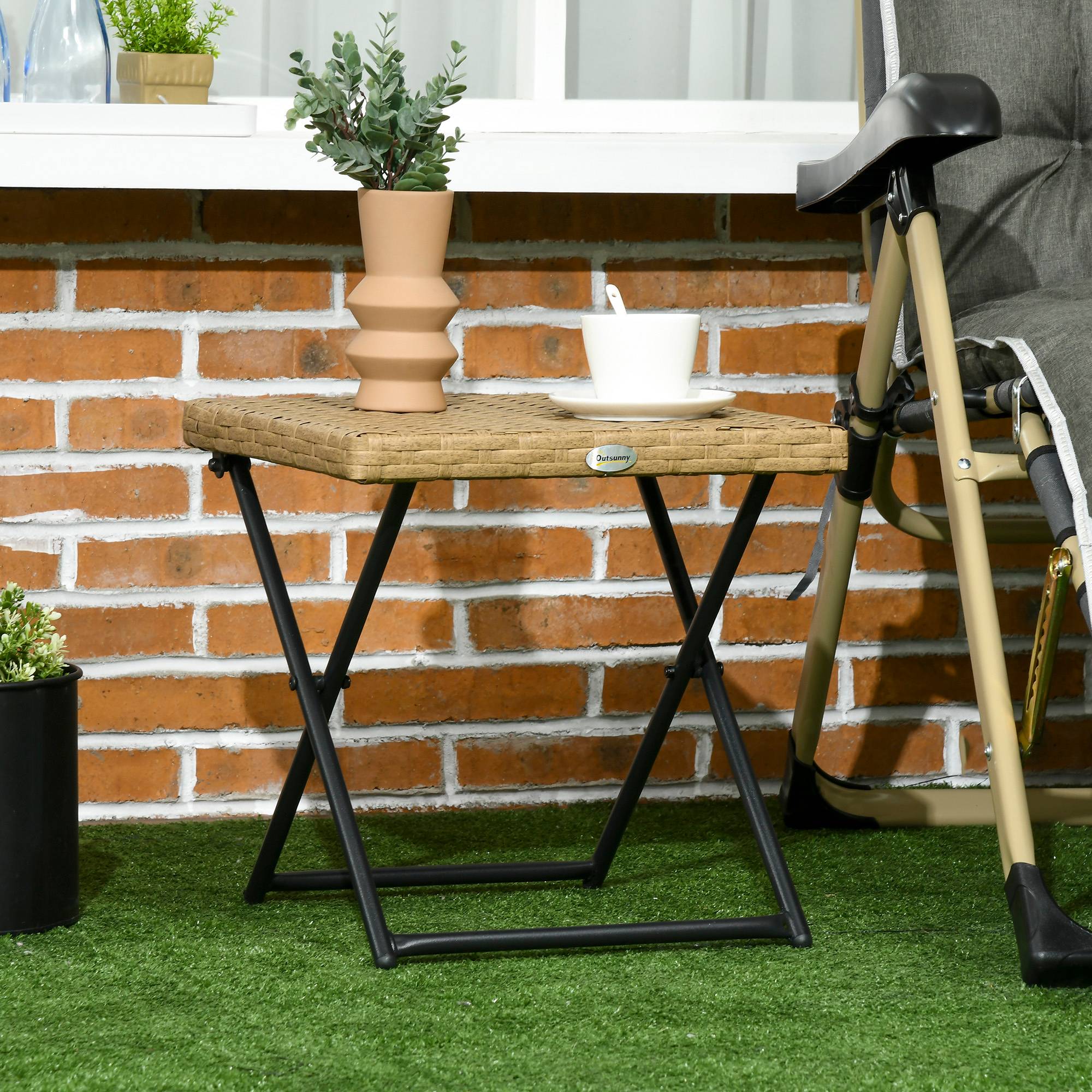 Table basse pliable de jardin style cosy chic dim. 40L x 40l x 40H cm métal époxy résine tressée bois naturel - Image 3