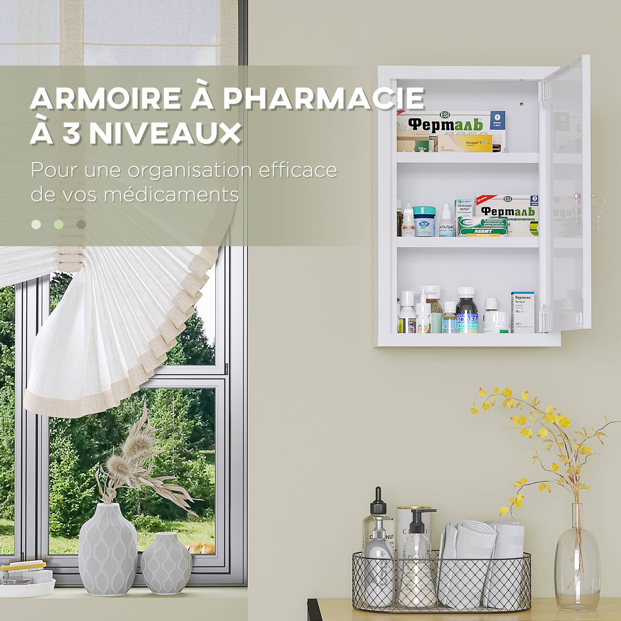 Sans Marque - Armoire à pharmacie murale en acier, armoire à médicaments à 3 niveaux porte verrouillable 2 clés, 30x14x46cm, blanc - Image 7