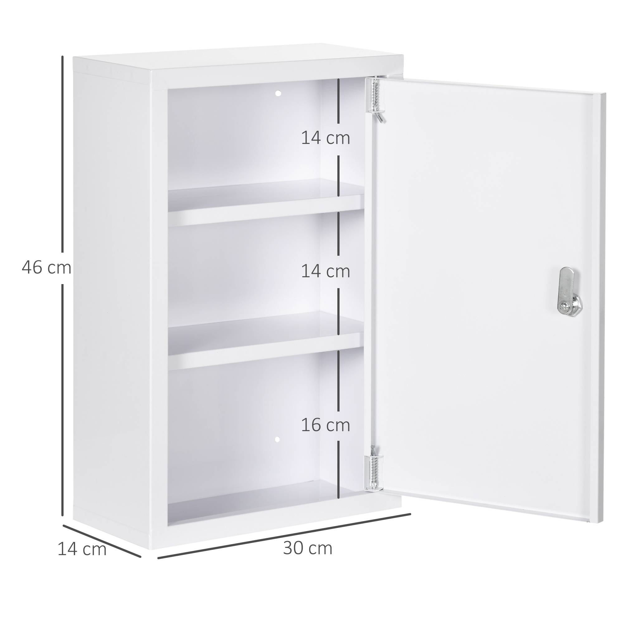 Sans Marque - Armoire à pharmacie murale en acier, armoire à médicaments à 3 niveaux porte verrouillable 2 clés, 30x14x46cm, blanc - Image 5
