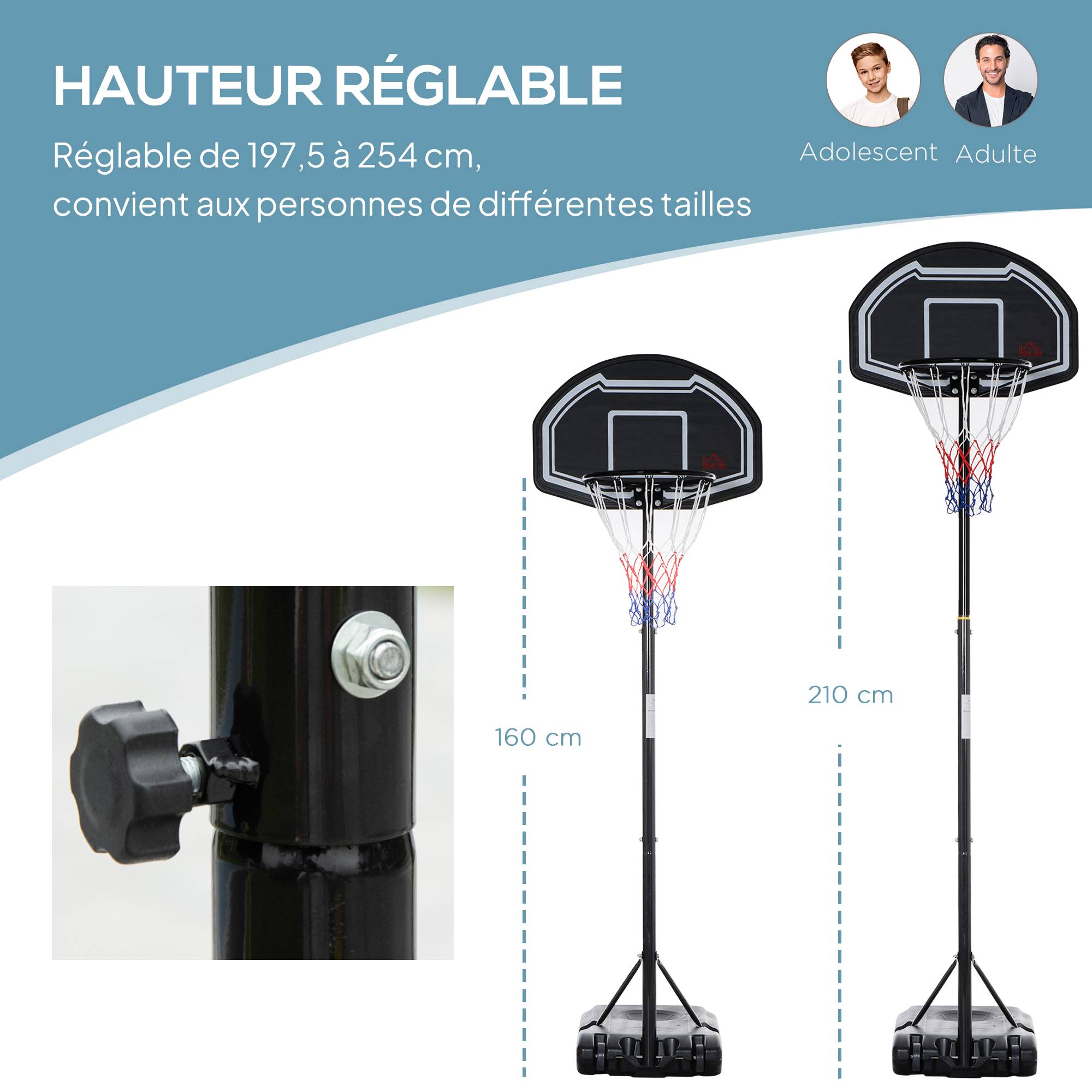 Panier de basket extérieur hauteur réglable 197,5-254 cm panier de basket sur pied à roulettes base remplissable noir - Image 6