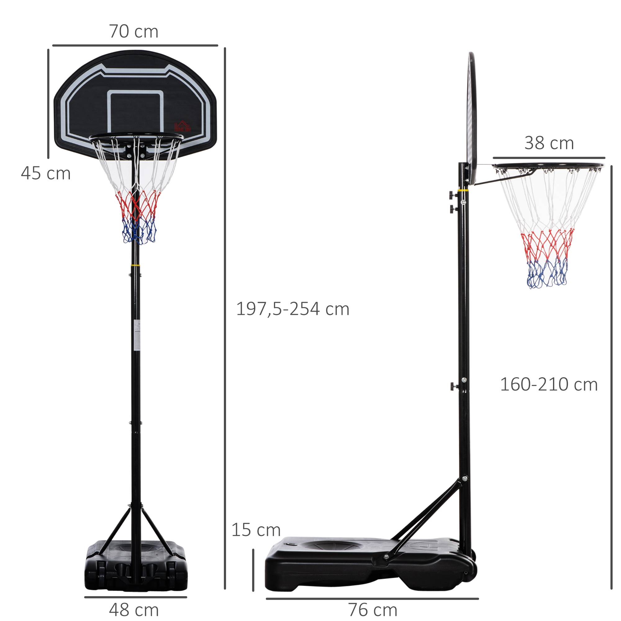 Panier de basket extérieur hauteur réglable 197,5-254 cm panier de basket sur pied à roulettes base remplissable noir - Image 5