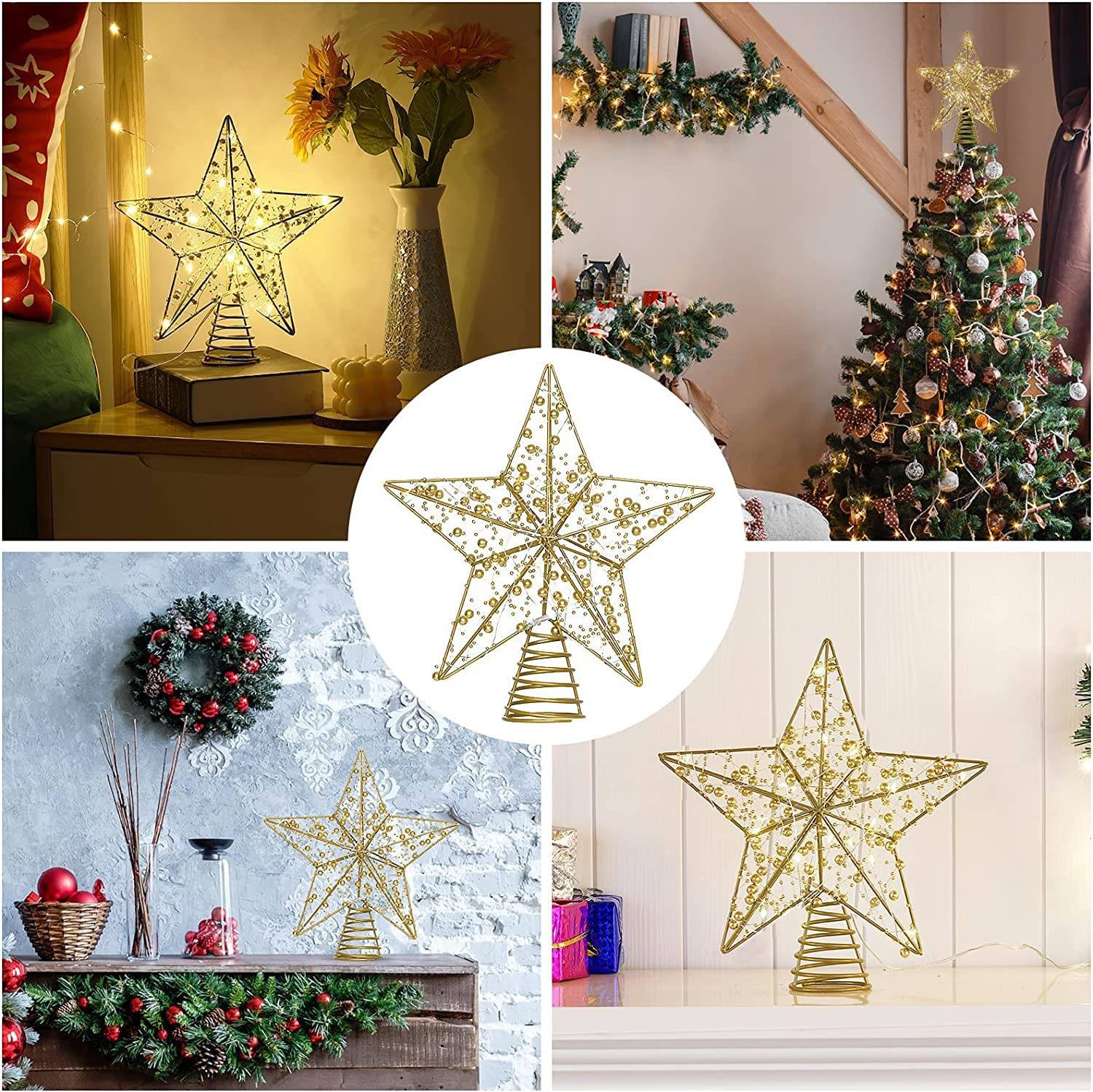 Étoiles brillantes de Noël, lumières d'étoiles de sapin de Noël, lumières de nuit à perles dorées à lumière chaude, cadeaux de vacances - Image 6