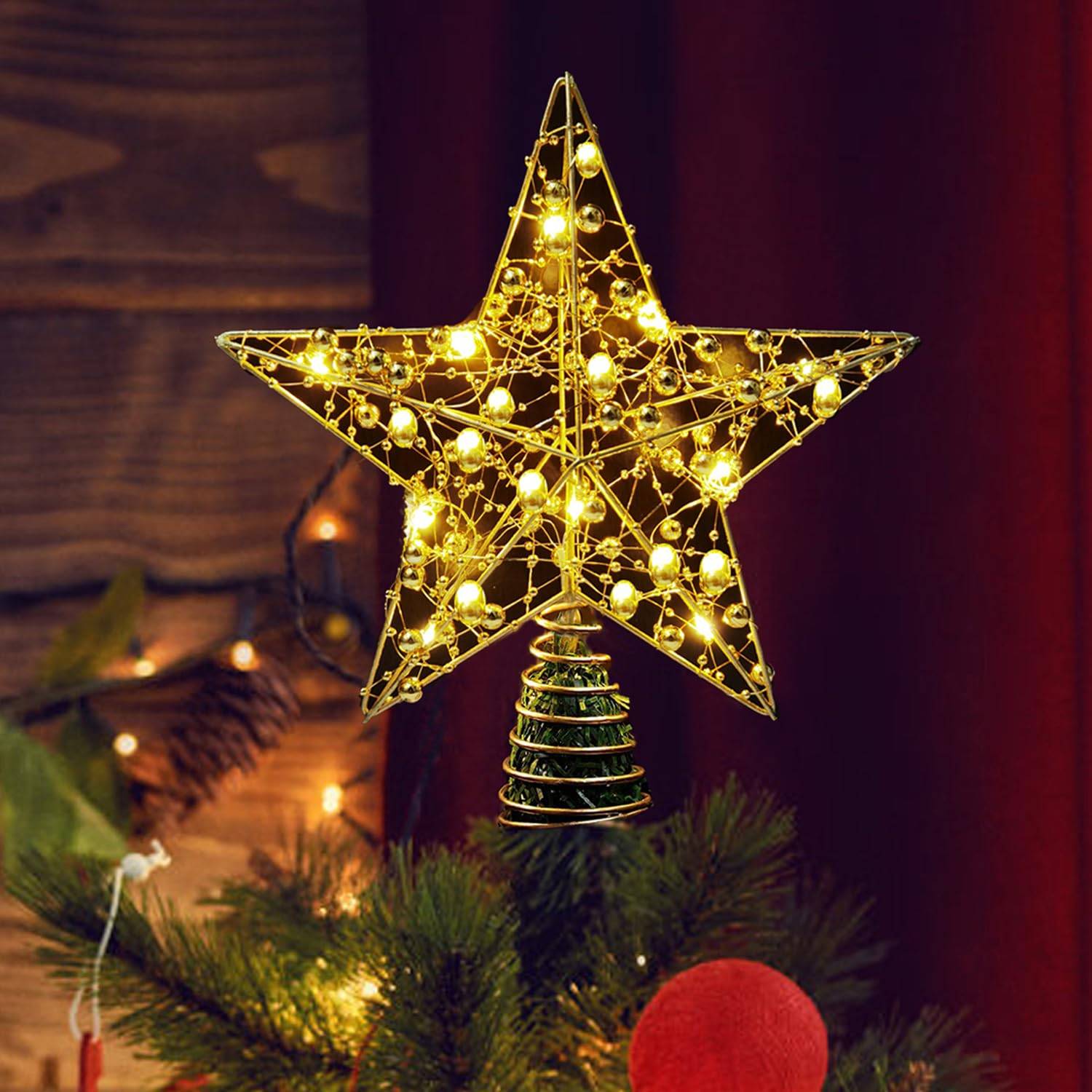 Étoiles brillantes de Noël, lumières d'étoiles de sapin de Noël, lumières de nuit à perles dorées à lumière chaude, cadeaux de vacances - Image 1