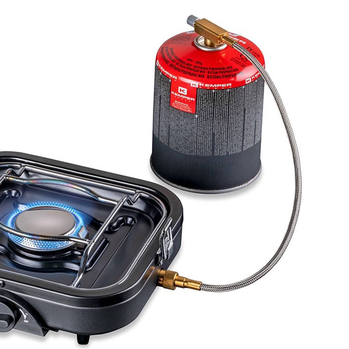 Réchaud à gaz pliable 2 feux 4600 W – Réchaud camping portable Allumage piezo, double brûleur inox, cartouche valve 7/16" KEMPER - Image 9