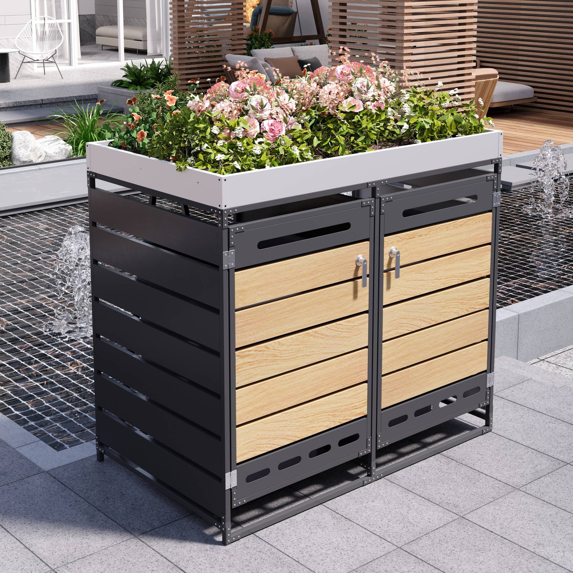 ComfortXL - Cache-poubelle double métal jardin avec jardinière intégrée 131x79x120cm noir - ComfortXL Outdoor Living - Image 1