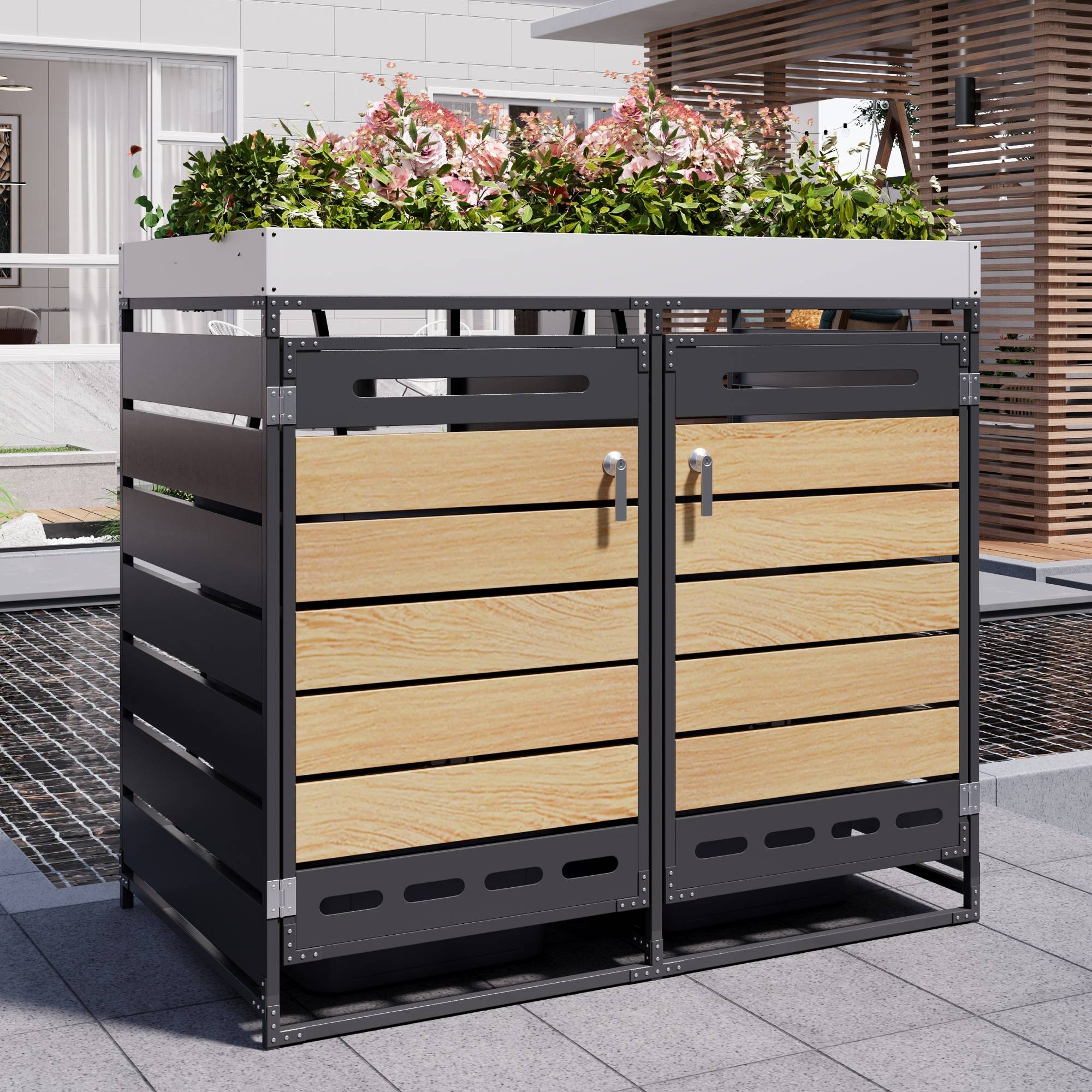ComfortXL - Cache-poubelle double métal jardin avec jardinière intégrée 131x79x120cm noir - ComfortXL Outdoor Living - Image 10