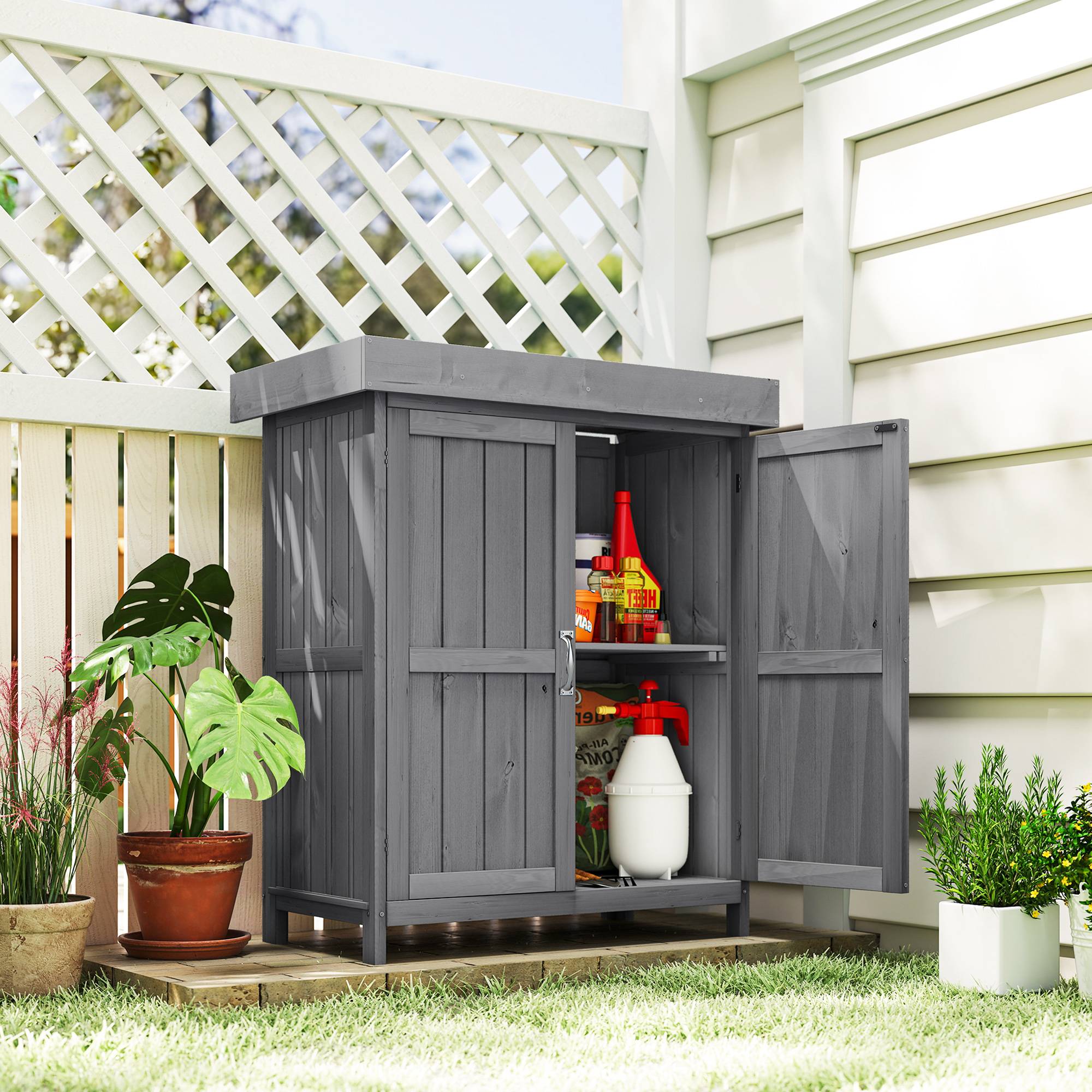 Abri de jardin indépendant avec double porte, étagères et toit en bitume articulé. Dimensions : 74 cm (L) x 43 cm (l) x 88 cm (H). En sapin massif. - Image 4