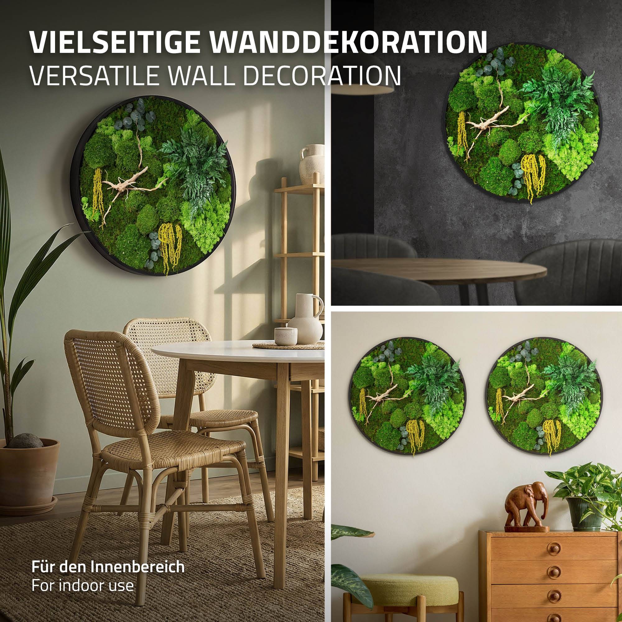 Ecd-Germany - Tableau végétal mural stabilisé, Ø 60 cm, mélange de mousses avec eucalyptus, fougères et bois naturel, effet 3D, décoration d'intérieur, style jungle - Image 5