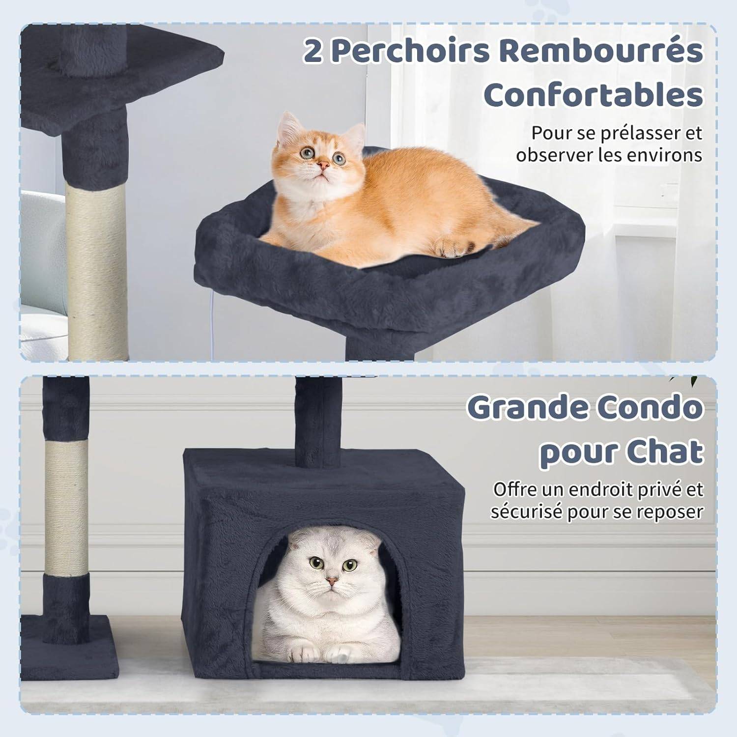 Arbre à Chat XXL Rotatif 136 cm, Condo, Planche et Poteaux à Griffer en Sisal, 7 Plateformes, Arbre a Chat Maine Coon, Pompons, Corde Suspendue, Tissu - Image 5