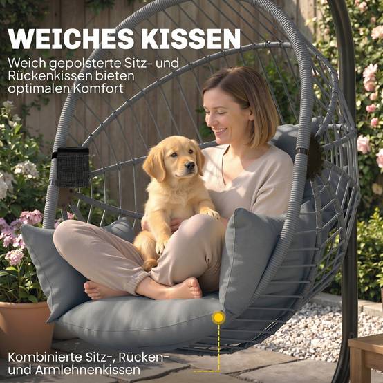 Fauteuil Suspendu Œuf Acier Balcon Pliable avec Coussins 120x106x188cm Gris - ComfortXL Outdoor Living - Image 8