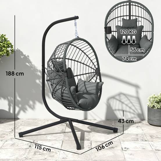 Fauteuil Suspendu Œuf Acier Balcon Pliable avec Coussins 120x106x188cm Gris - ComfortXL Outdoor Living - Image 5