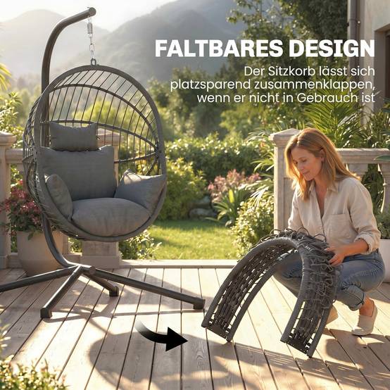 Fauteuil Suspendu Œuf Acier Balcon Pliable avec Coussins 120x106x188cm Gris - ComfortXL Outdoor Living - Image 7