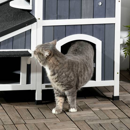 Niche pour Chat d'Extérieur à 2 Niveaux en Bois de Sapin Abri avec Toit Bitumé Étanche Gris - ComfortXL Outdoor Living - Image 10