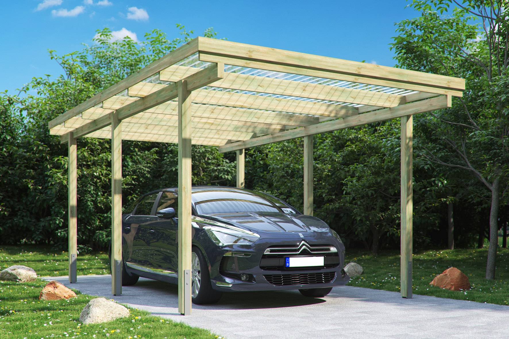 Eden Partenaire Jardin - Carport en bois simple de 15m² (3mx5m), hauteur de passage de 205 cm, toiture en PVC ondulé transparent