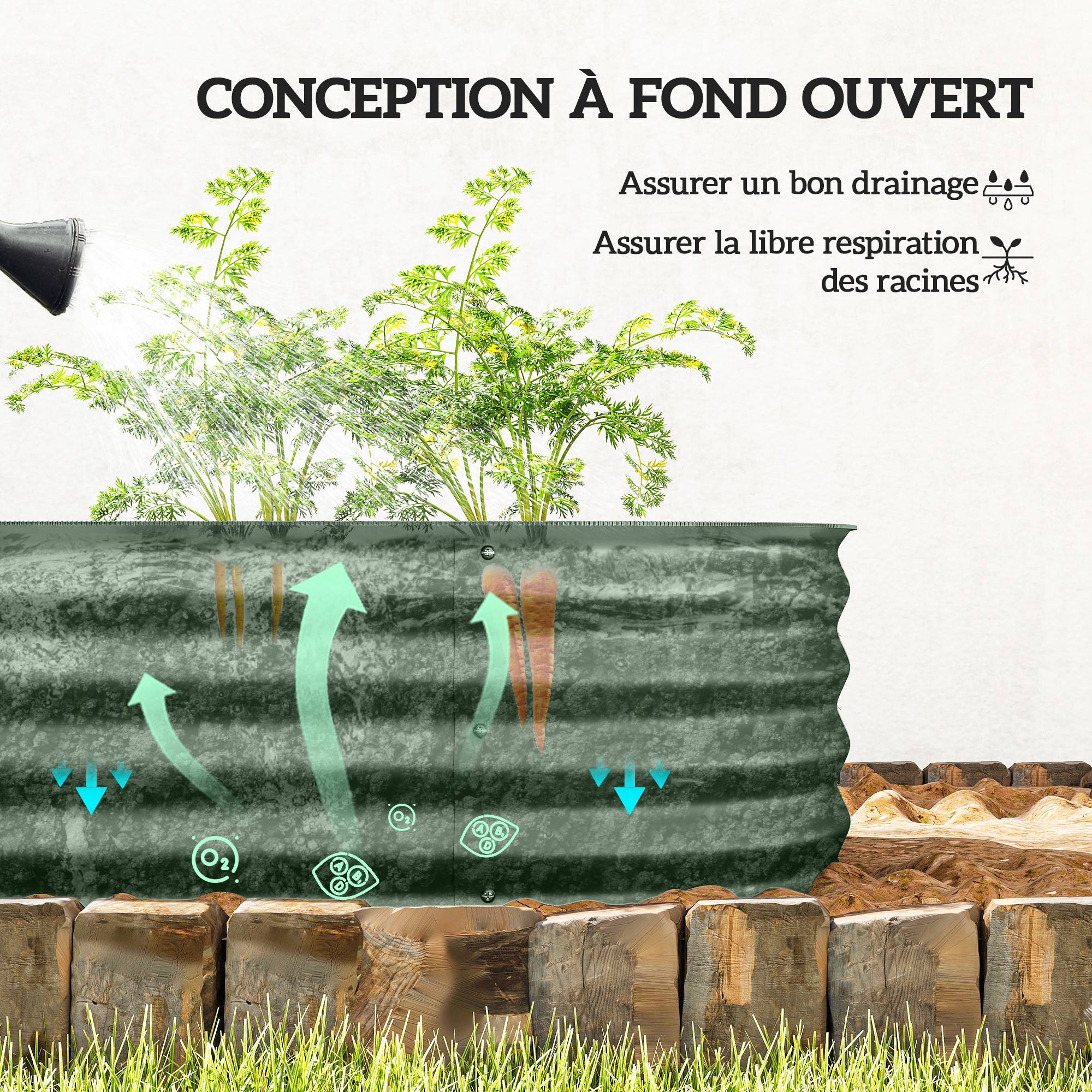 Jardinière surélevée carré potager de jardin en acier modulable légumes, plantes, fleurs, dim. 150 x 62 x 30 cm vert - Image 7