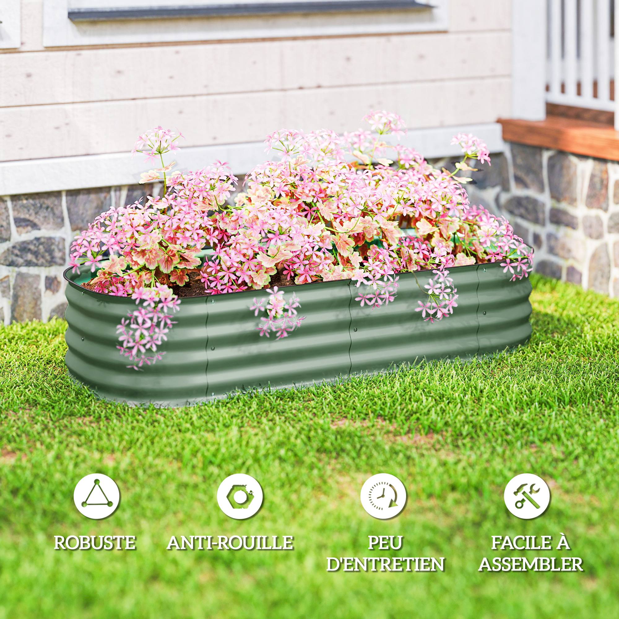 Jardinière surélevée carré potager de jardin en acier modulable légumes, plantes, fleurs, dim. 150 x 62 x 30 cm vert - Image 9