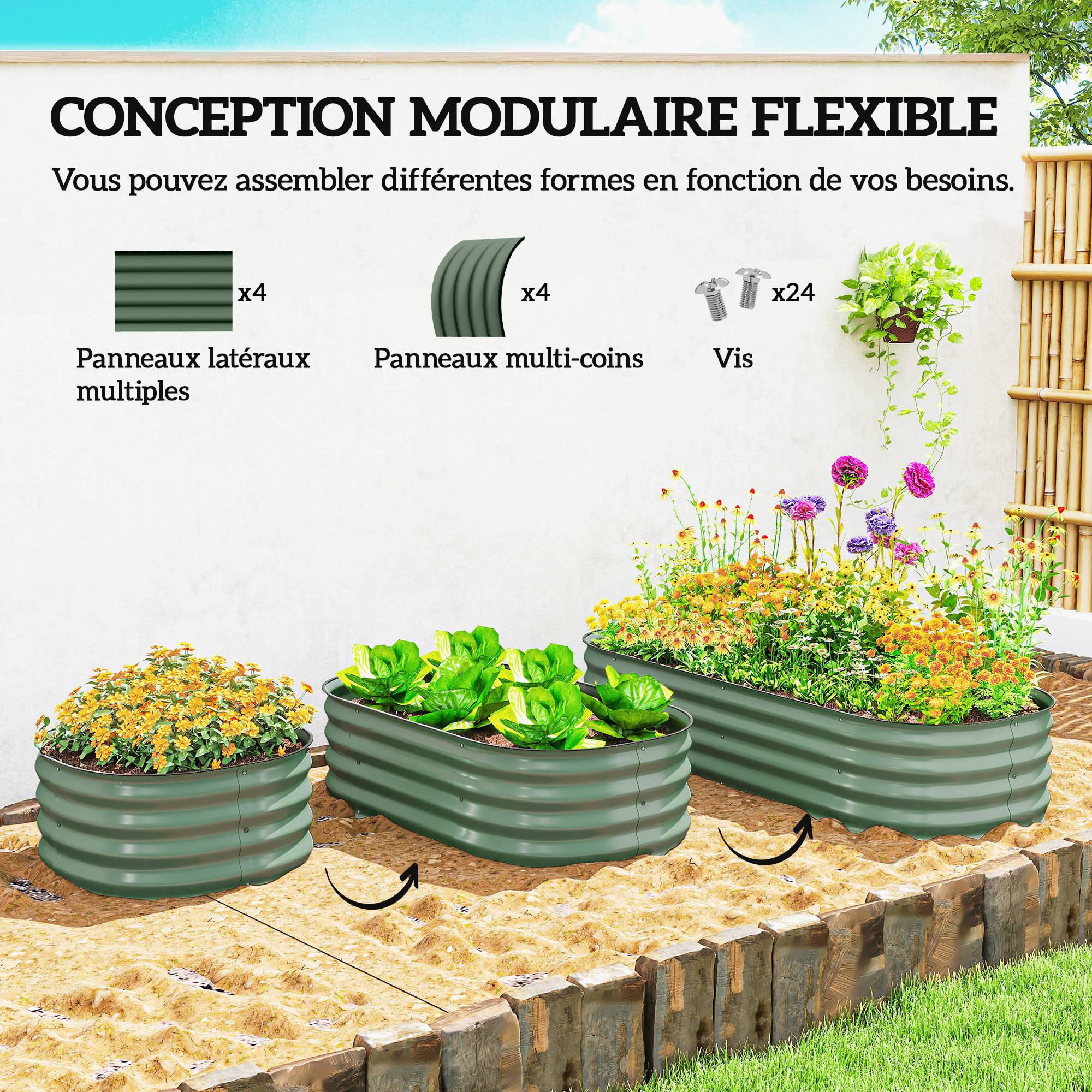 Jardinière surélevée carré potager de jardin en acier modulable légumes, plantes, fleurs, dim. 150 x 62 x 30 cm vert - Image 6