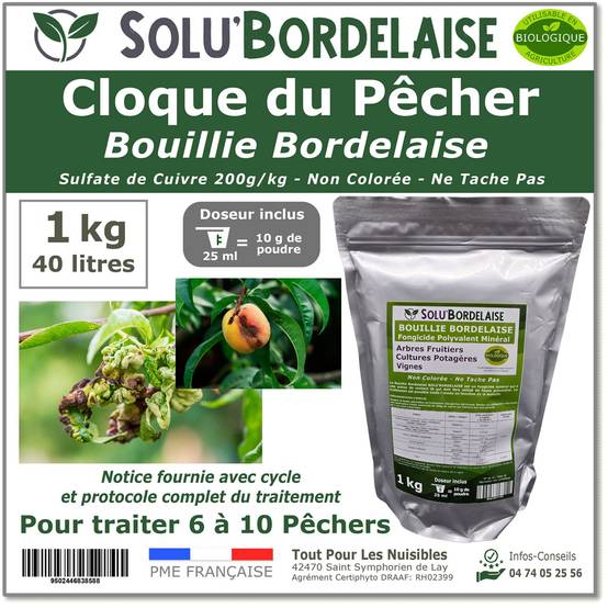 Solu'Bordelaise - Cloque du Pêcher - 1 kg de Bouillie Bordelaise Non Colorée - Polyvalent-Sulfate de Cuivre 200 g/kg - Doseur Inclus - Image 1