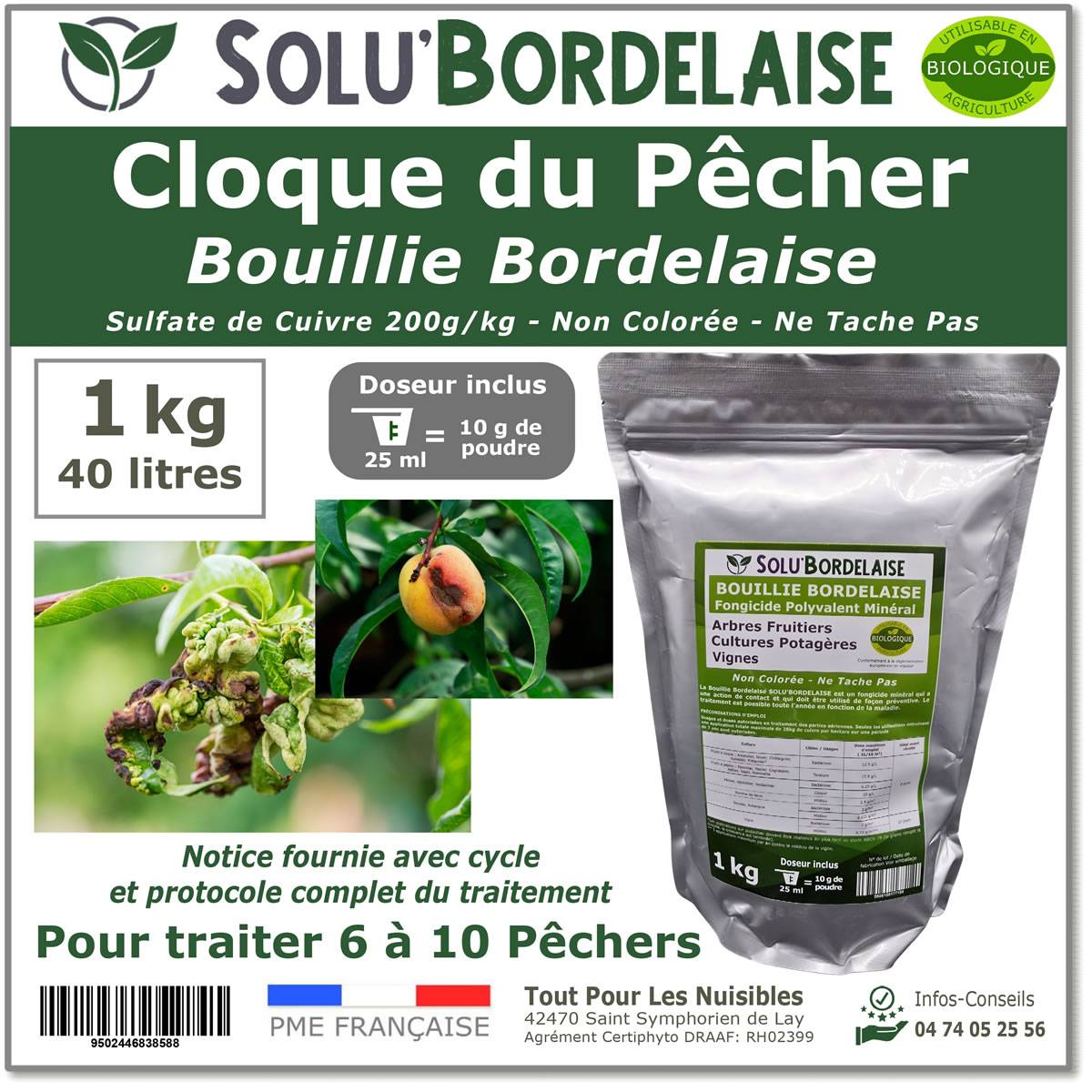 Solu'Bordelaise - Cloque du Pêcher - 1 kg de Bouillie Bordelaise Non Colorée - Polyvalent-Sulfate de Cuivre 200 g/kg - Doseur Inclus - Image 1