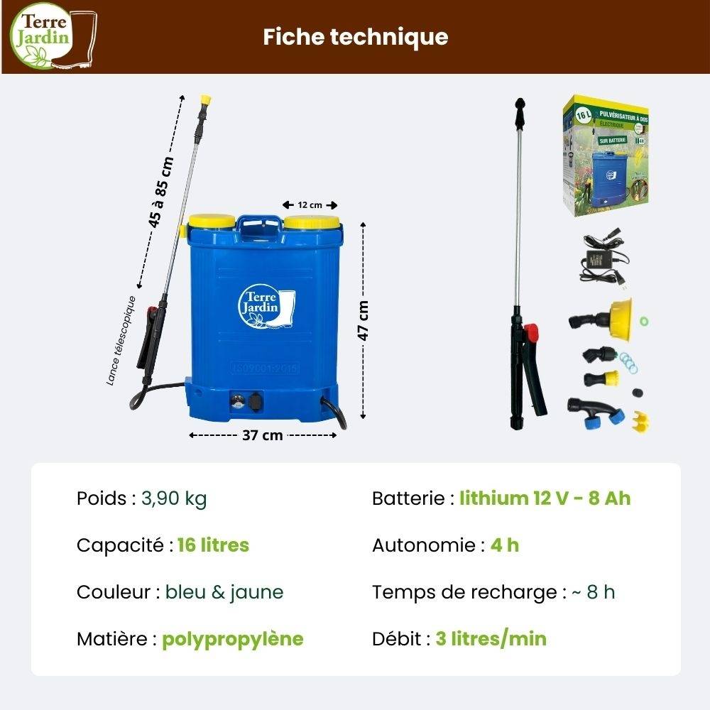 Pulvérisateur électrique pression réglable - Batterie 12V - Autonomie 4h - 16 L - TERRE JARDIN - Image 2