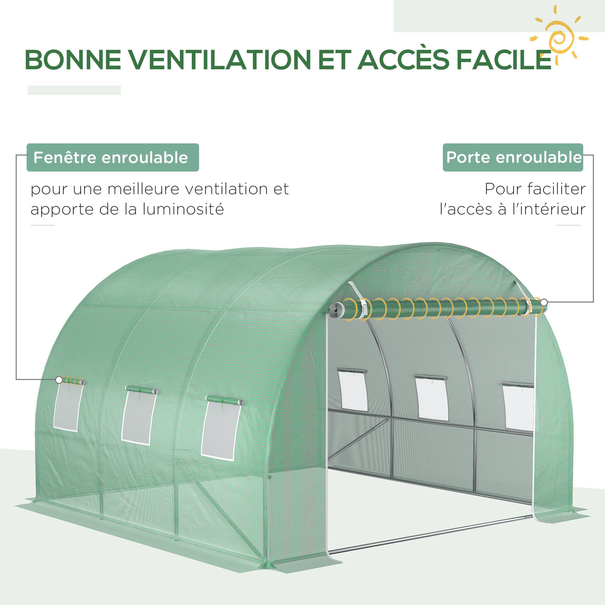 Bâche de Rechange Serre Tunnel 9 m², bâche 3 x 3 x 2 m PE Anti-UV imperméable 6 fenêtres + Porte Enroulable zippée Vert foncé - Image 6